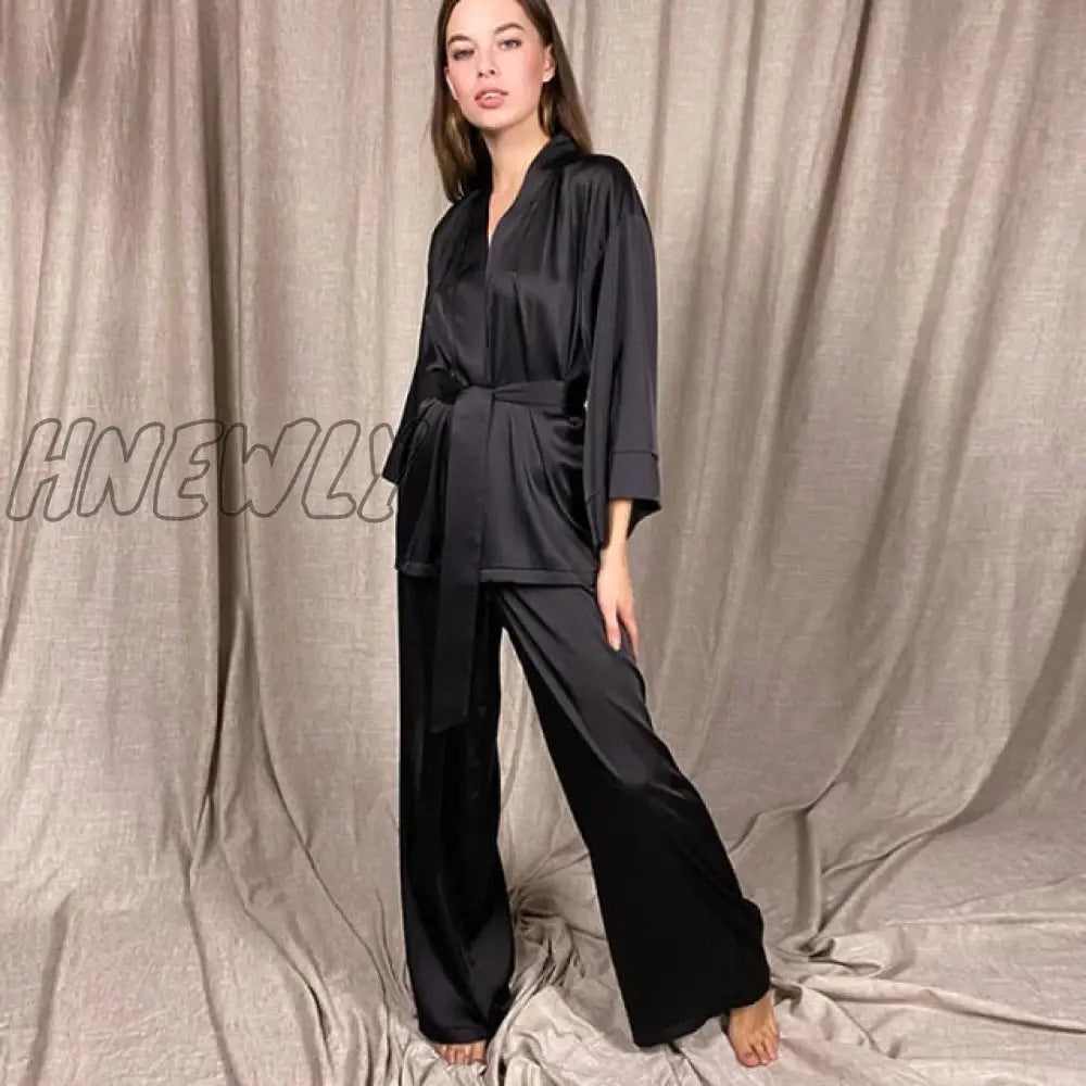 Solid Color Sleepwear Loose Flare Home Pants Three Quarter Sleeve Satin Robe Sets Bathrobe For