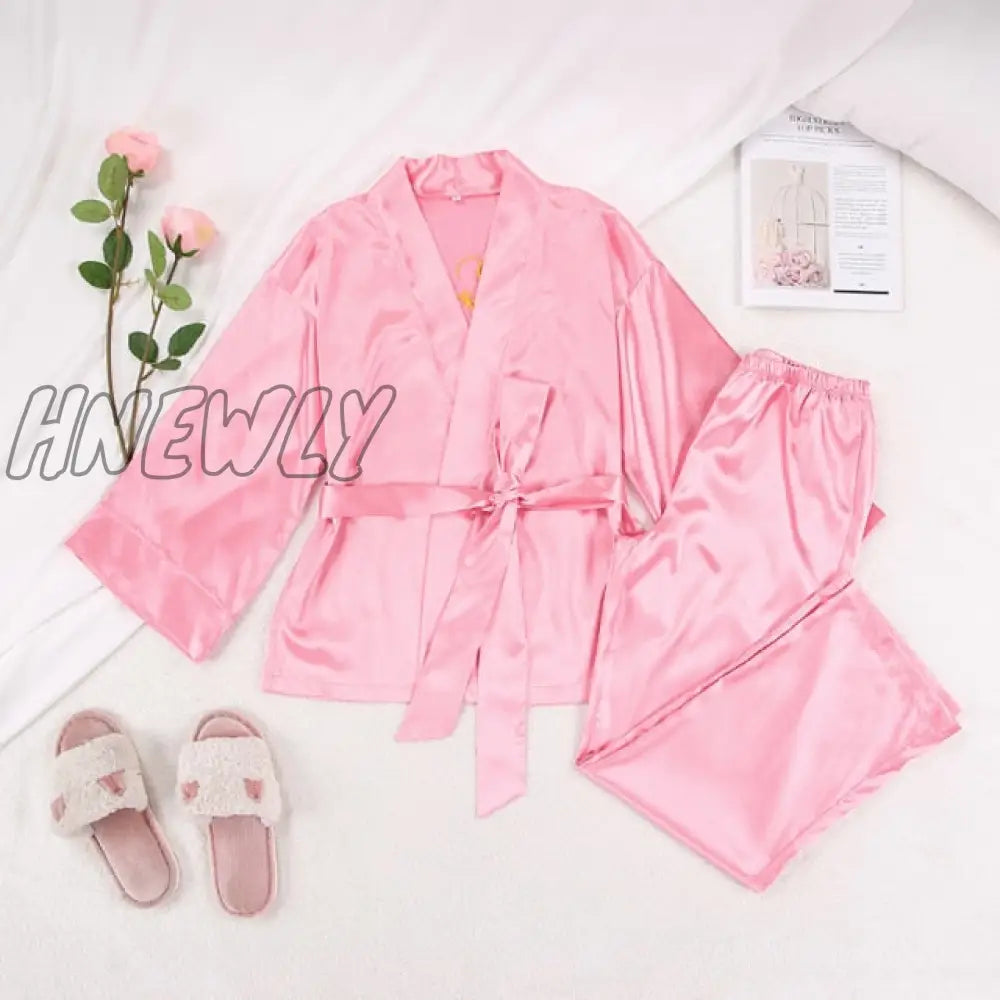 Solid Color Sleepwear Loose Flare Home Pants Three Quarter Sleeve Satin Robe Sets Bathrobe For