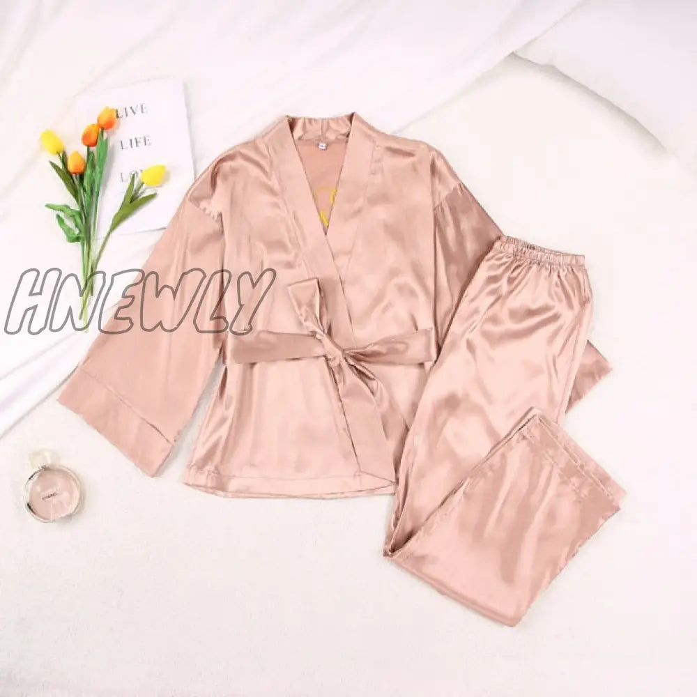 Solid Color Sleepwear Loose Flare Home Pants Three Quarter Sleeve Satin Robe Sets Bathrobe For