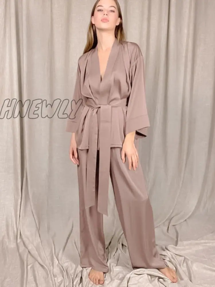 Solid Color Sleepwear Loose Flare Home Pants Three Quarter Sleeve Satin Robe Sets Bathrobe For