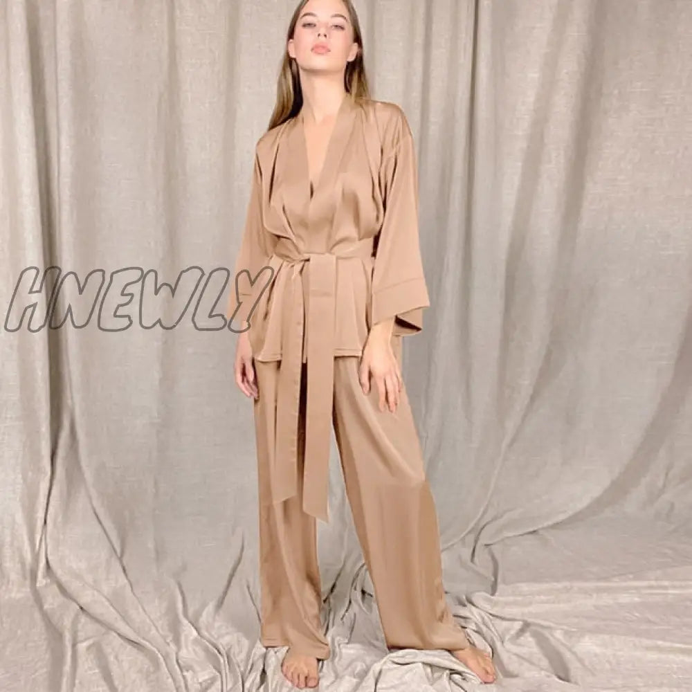 Solid Color Sleepwear Loose Flare Home Pants Three Quarter Sleeve Satin Robe Sets Bathrobe For