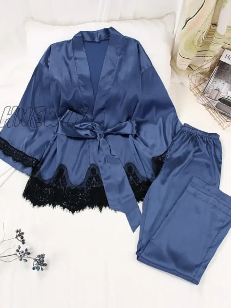 Solid Color Sleepwear Loose Flare Home Pants Three Quarter Sleeve Satin Robe Sets Bathrobe For