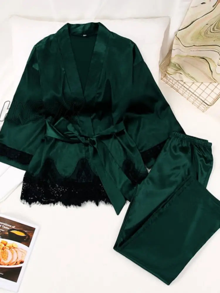 Solid Color Sleepwear Loose Flare Home Pants Three Quarter Sleeve Satin Robe Sets Bathrobe For