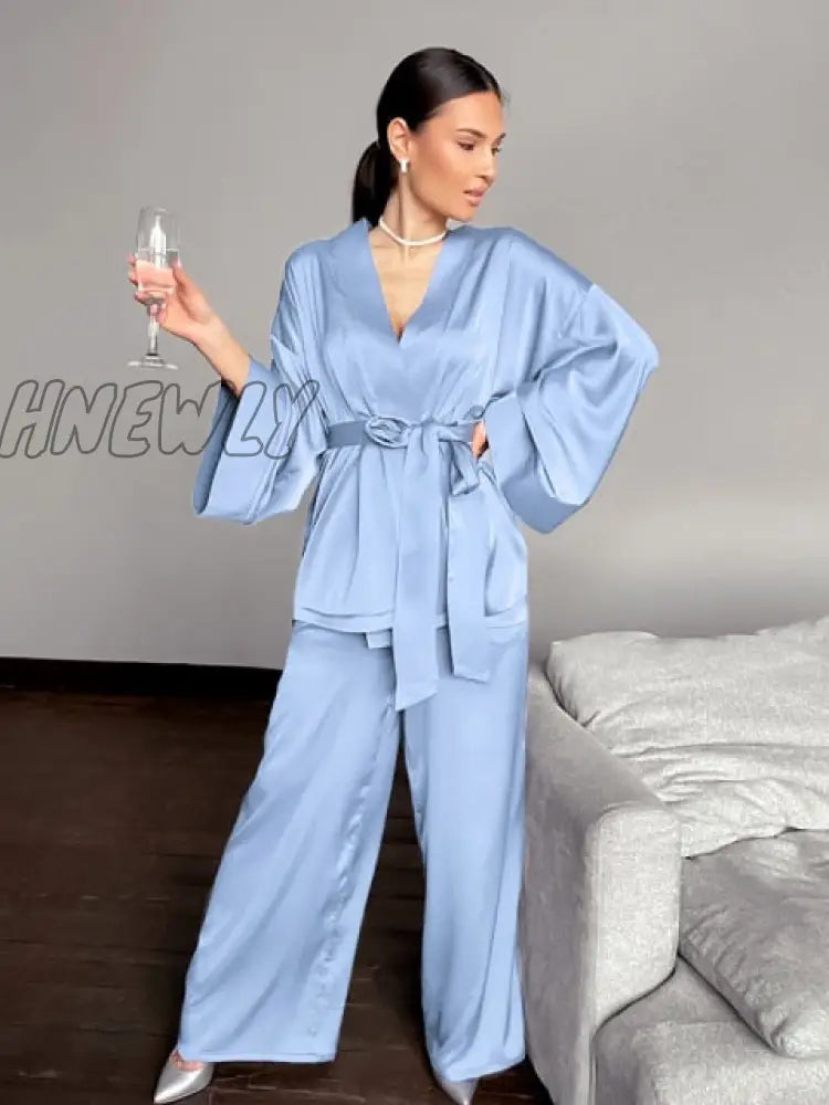 Solid Color Sleepwear Loose Flare Home Pants Three Quarter Sleeve Satin Robe Sets Bathrobe For