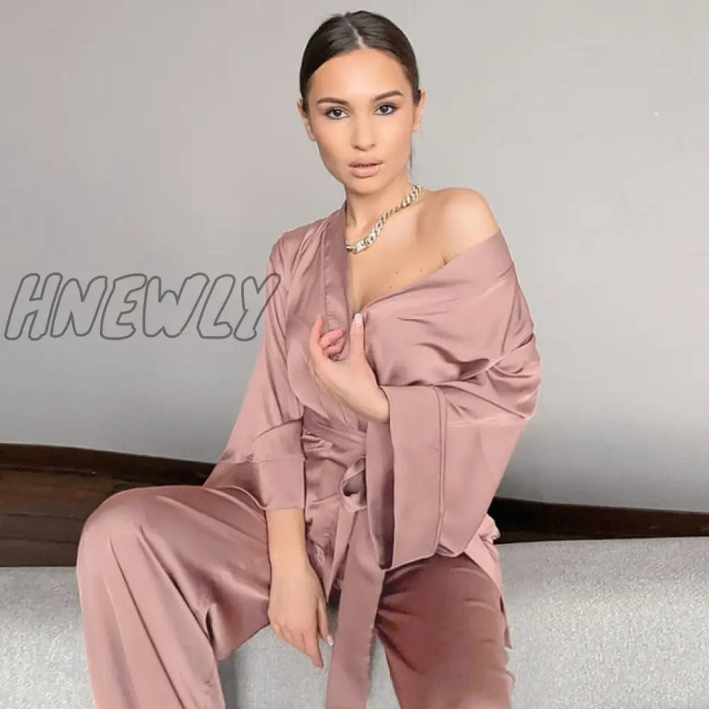 Solid Color Sleepwear Loose Flare Home Pants Three Quarter Sleeve Satin Robe Sets Bathrobe For