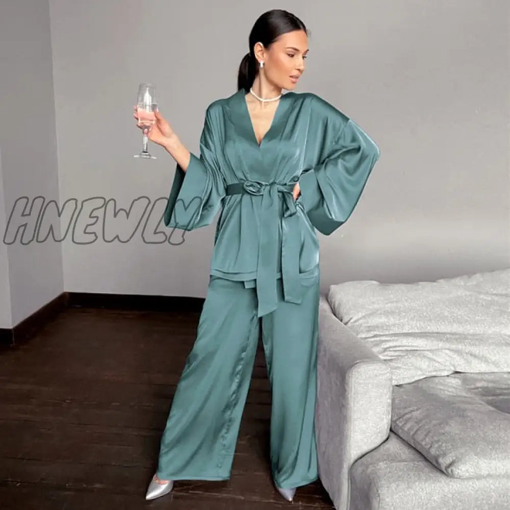 Solid Color Sleepwear Loose Flare Home Pants Three Quarter Sleeve Satin Robe Sets Bathrobe For