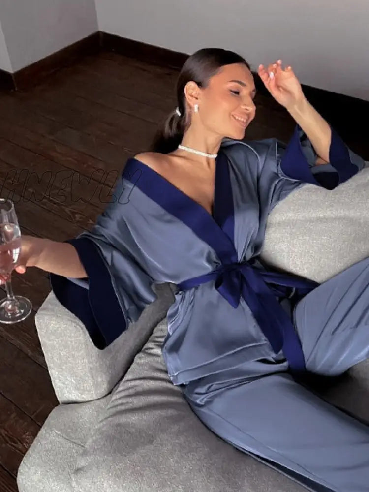 Solid Color Sleepwear Loose Flare Home Pants Three Quarter Sleeve Satin Robe Sets Bathrobe For