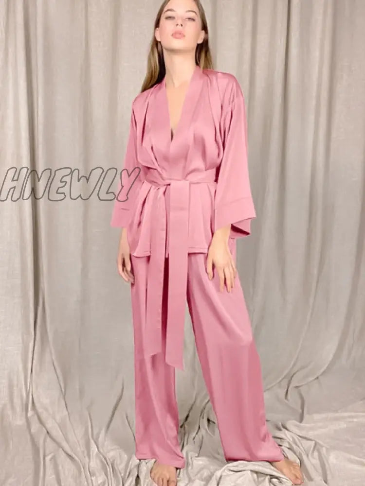 Solid Color Sleepwear Loose Flare Home Pants Three Quarter Sleeve Satin Robe Sets Bathrobe For