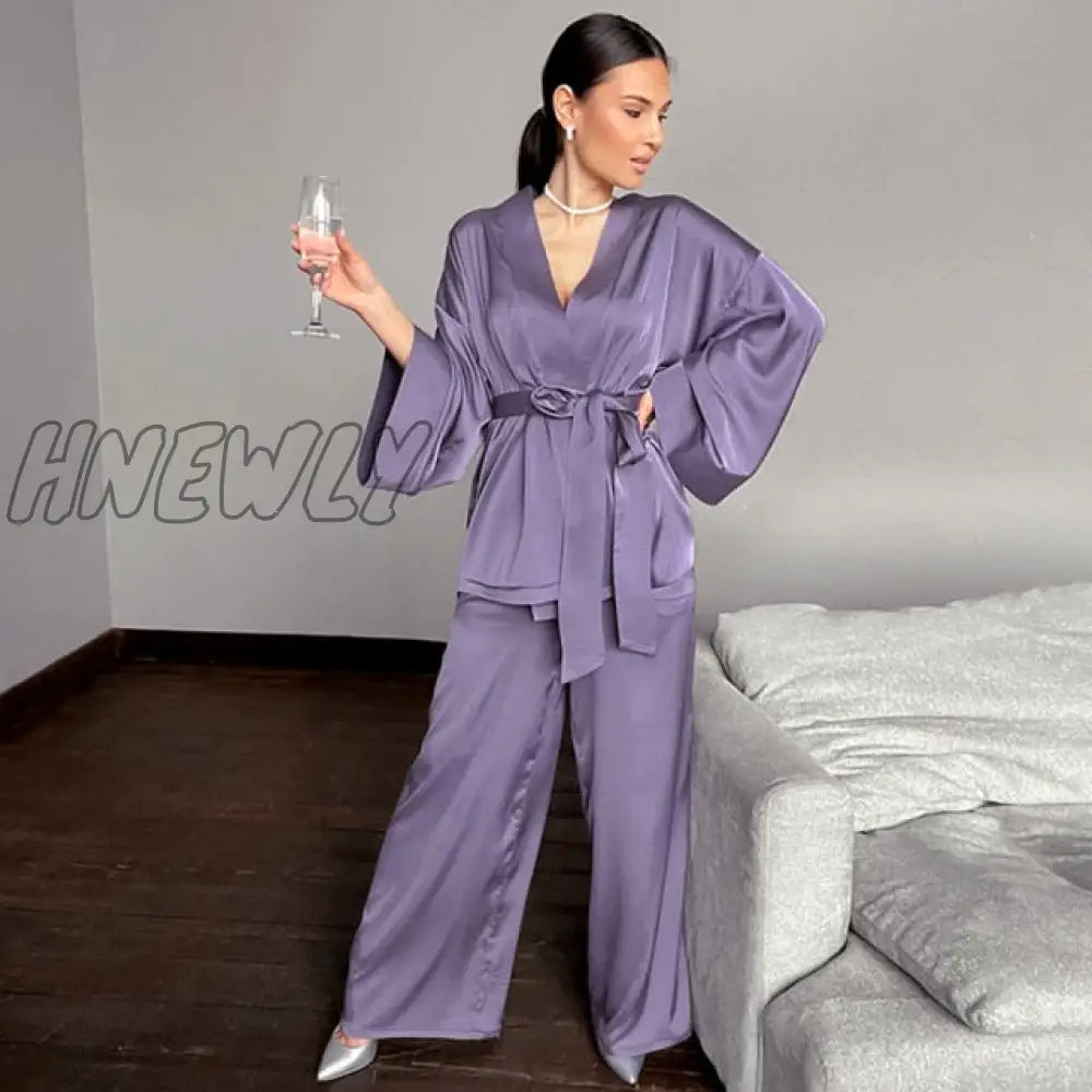 Solid Color Sleepwear Loose Flare Home Pants Three Quarter Sleeve Satin Robe Sets Bathrobe For