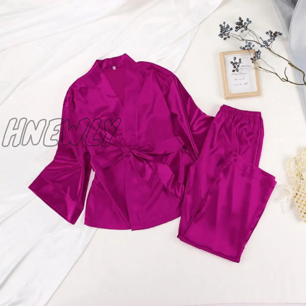 Solid Color Sleepwear Loose Flare Home Pants Three Quarter Sleeve Satin Robe Sets Bathrobe For