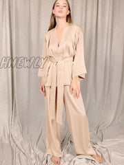 Solid Color Sleepwear Loose Flare Home Pants Three Quarter Sleeve Satin Robe Sets Bathrobe For