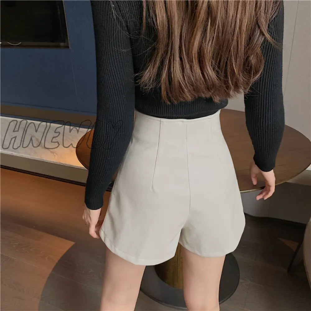 Spring Autumn Pu Shorts Women Casual Loose High Waist Leather Ies All Match Zipper Black White Wide