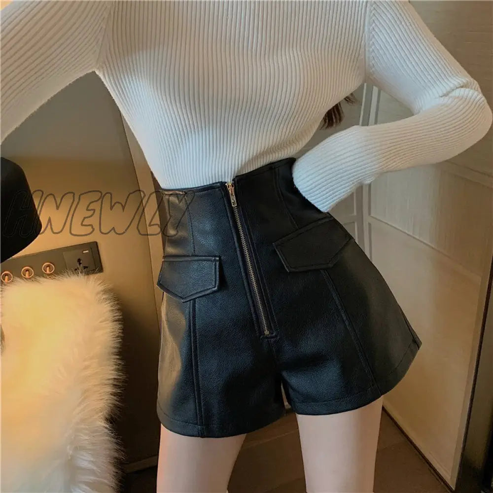 Spring Autumn Pu Shorts Women Casual Loose High Waist Leather Ies All Match Zipper Black White Wide