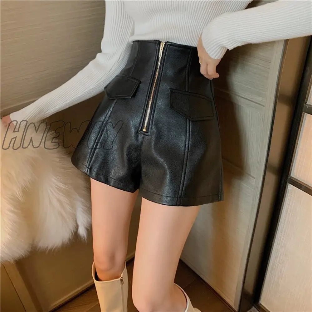 Spring Autumn Pu Shorts Women Casual Loose High Waist Leather Ies All Match Zipper Black White Wide