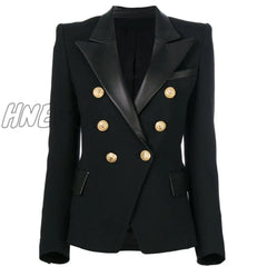 Spring Autumn Quality European Design Pu Leather Collar Slim Black Blazer Ol Formal Classic