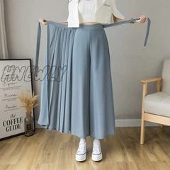 Spring Summer New Style Korean Women Pleated Chiffon Trousers Plus Size High Waist Pants Hakama