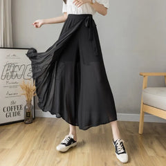 Spring Summer New Style Korean Women Pleated Chiffon Trousers Plus Size High Waist Pants Hakama