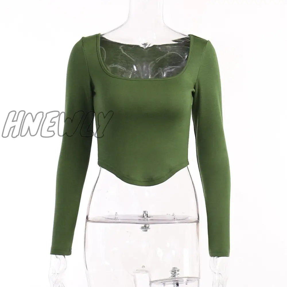 Square Collar Long Sleeve Casual Women T Shirts Green Autumn Skinny Sexy Solid Basic Crop Tops