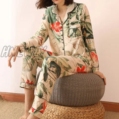 Starry Sky And Floral Printed Women Pajamas Set Comfort Cotton Satin Full Sleeve Homewear Ladies