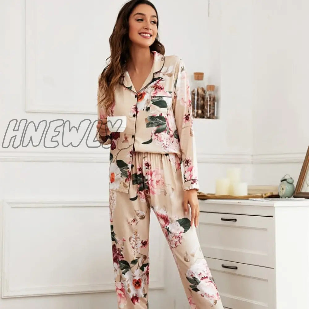 Starry Sky And Floral Printed Women Pajamas Set Comfort Cotton Satin Full Sleeve Homewear Ladies