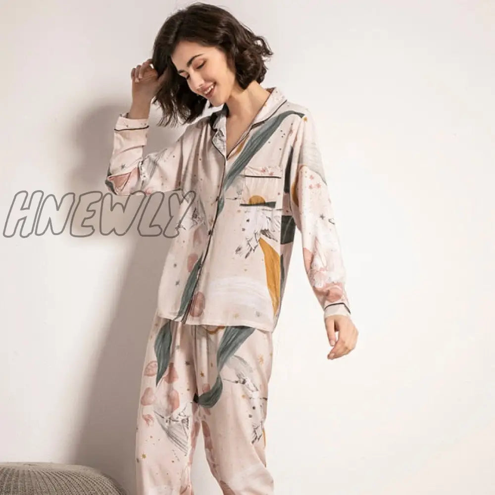 Starry Sky And Floral Printed Women Pajamas Set Comfort Cotton Satin Full Sleeve Homewear Ladies