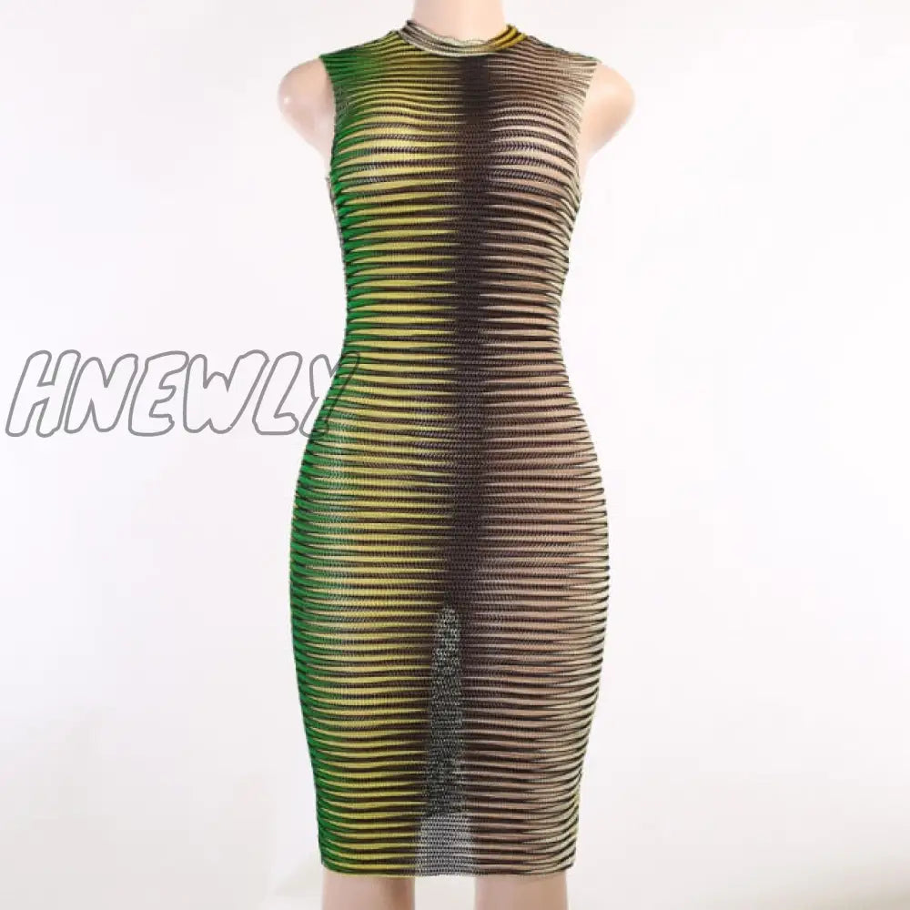 Stripe Mesh Bodycon Vest Dress Women High Street Clothing Lady Birthday Party Wear Summer Sexy