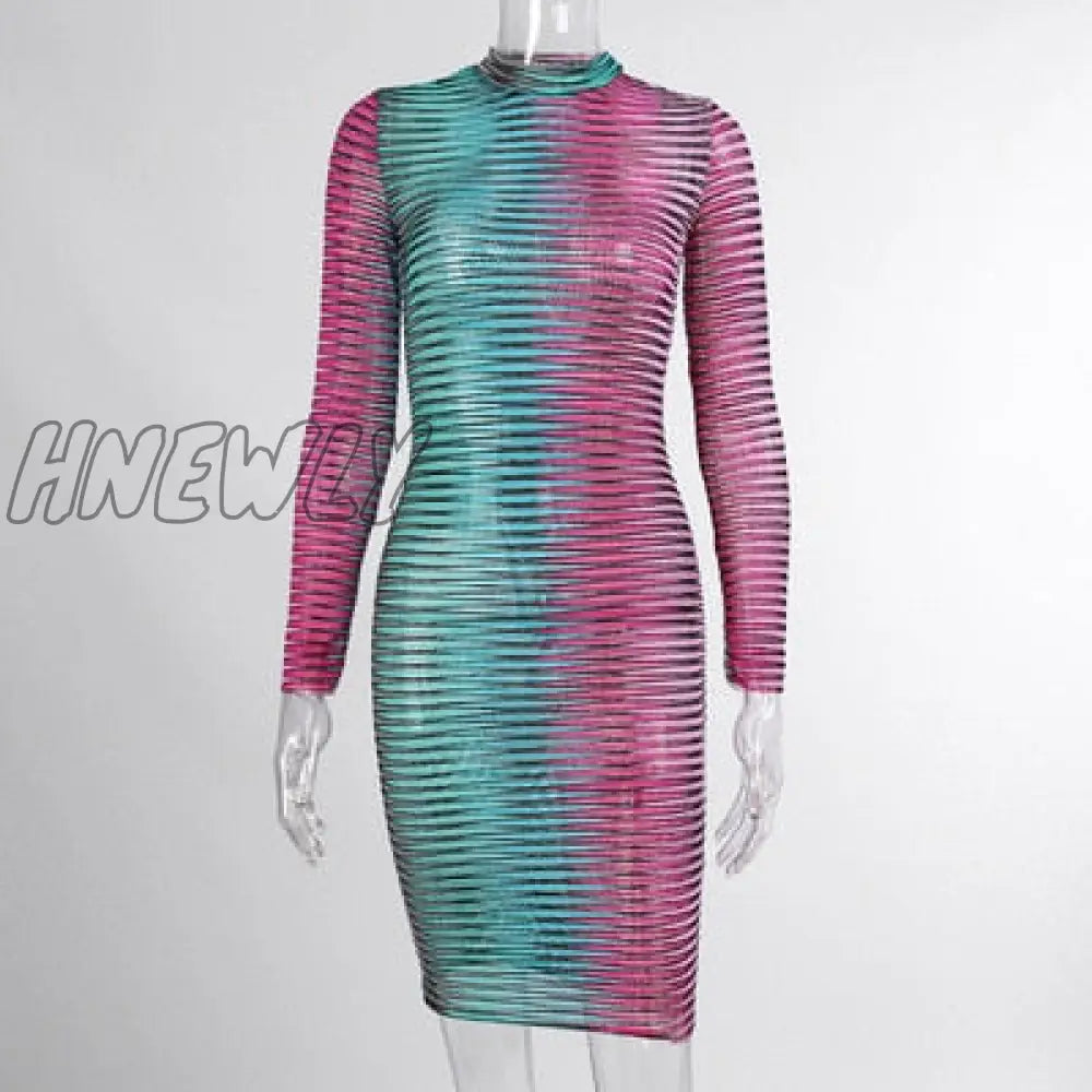 Stripe Mesh Bodycon Vest Dress Women High Street Clothing Lady Birthday Party Wear Summer Sexy