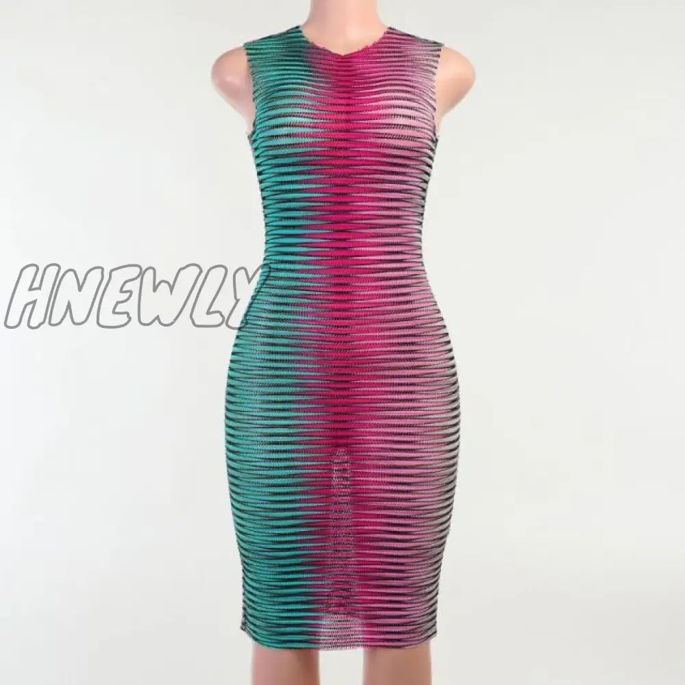 Stripe Mesh Bodycon Vest Dress Women High Street Clothing Lady Birthday Party Wear Summer Sexy