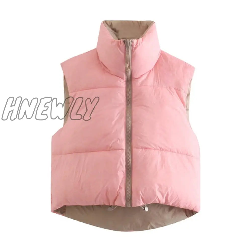 Stylish Sweet Pink Double Wear Drawstring Cropped Vest Coat Women Fashion Stand Collar Zipper