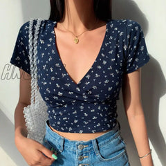 Summer French Retro Floral V - Neck Short - Sleeved T - Shirt Slim Slimming Wild High Waist