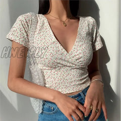 Summer French Retro Floral V - Neck Short - Sleeved T - Shirt Slim Slimming Wild High Waist