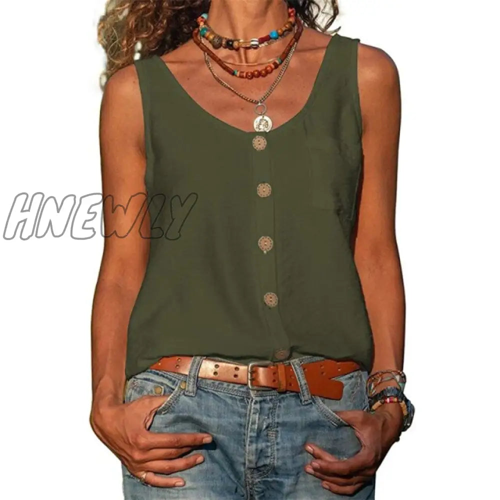 Summer New Solid Color V - Neck Vest Button Sleeveless Pocket Tank Top Office Lady Commuter T -