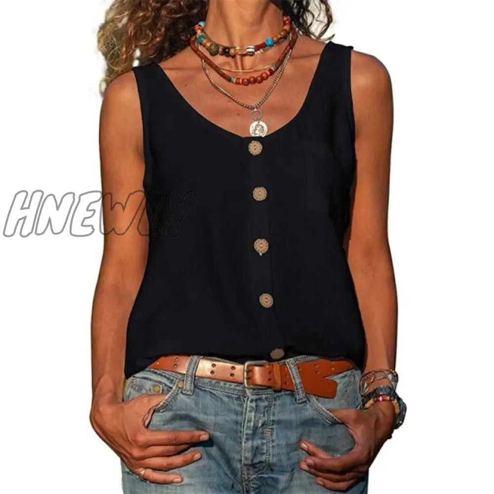 Summer New Solid Color V - Neck Vest Button Sleeveless Pocket Tank Top Office Lady Commuter T -