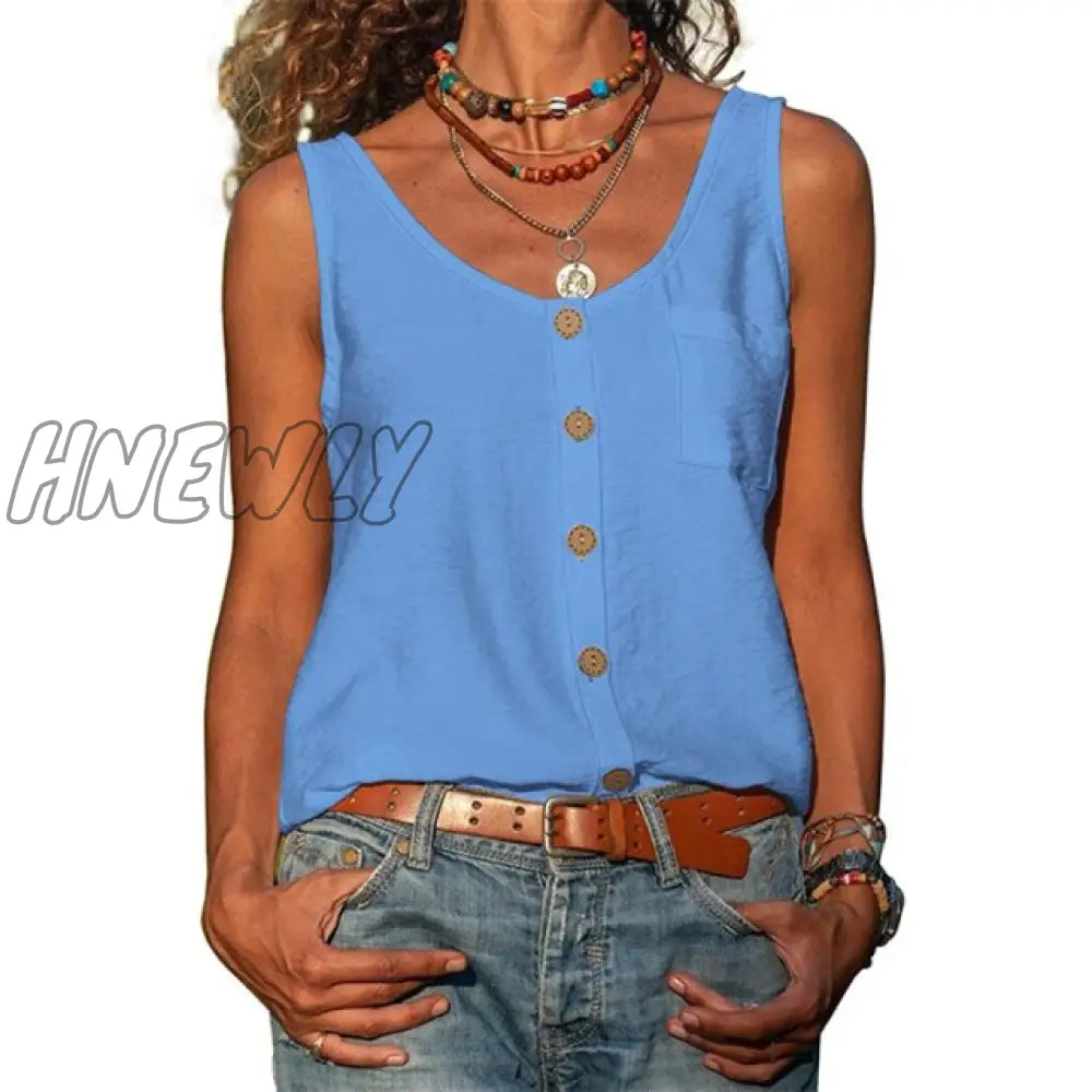 Summer New Solid Color V - Neck Vest Button Sleeveless Pocket Tank Top Office Lady Commuter T -