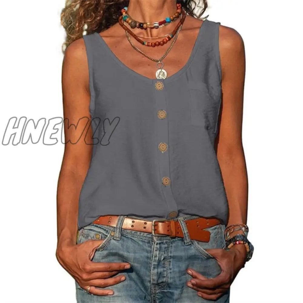 Summer New Solid Color V - Neck Vest Button Sleeveless Pocket Tank Top Office Lady Commuter T -