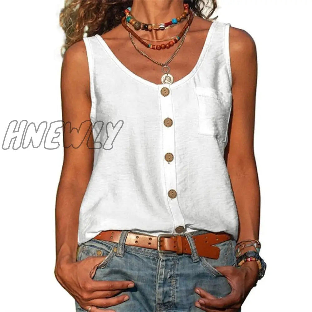 Summer New Solid Color V - Neck Vest Button Sleeveless Pocket Tank Top Office Lady Commuter T -