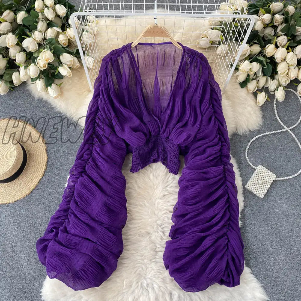 Summer Sexy Draped Chiffon Blouse For Women Elegant V - Neck Puff Long Sleeve Short Tops Female