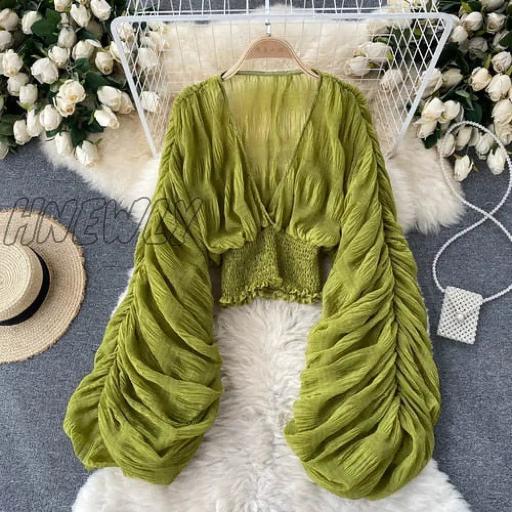 Summer Sexy Draped Chiffon Blouse For Women Elegant V - Neck Puff Long Sleeve Short Tops Female