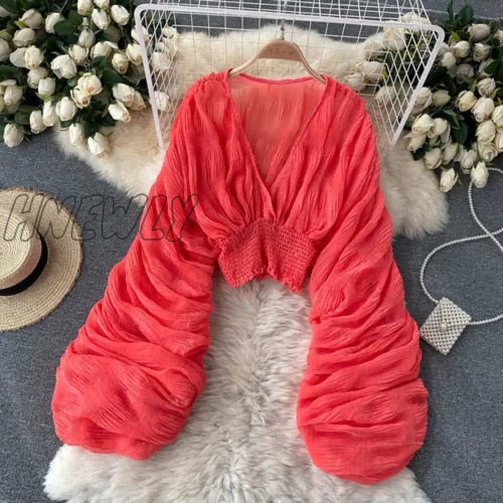 Summer Sexy Draped Chiffon Blouse For Women Elegant V - Neck Puff Long Sleeve Short Tops Female