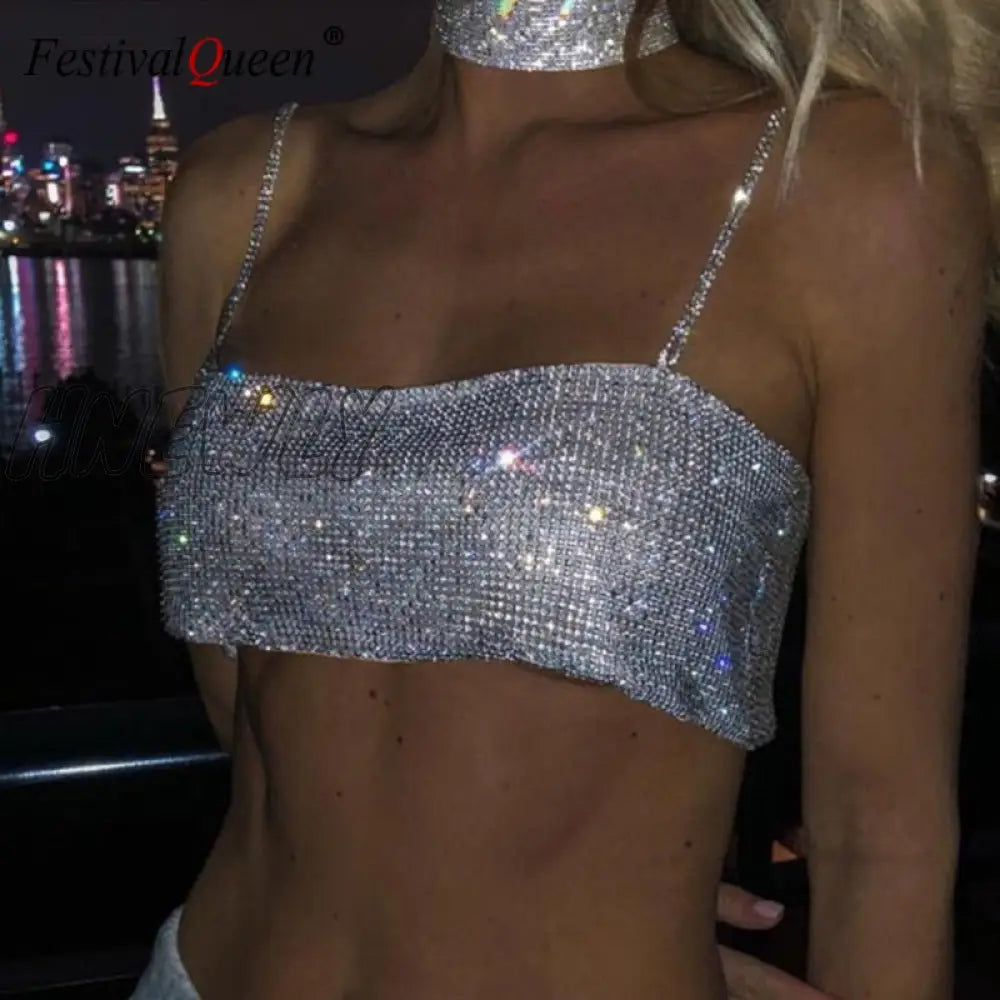 Summer Shiny Crystal Chain Tank Top Silver Metal Mesh Halter Metallic Strap Crop Tops Vest Party