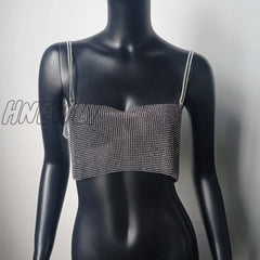 Summer Shiny Crystal Chain Tank Top Silver Metal Mesh Halter Metallic Strap Crop Tops Vest Party