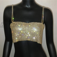 Summer Shiny Crystal Chain Tank Top Silver Metal Mesh Halter Metallic Strap Crop Tops Vest Party