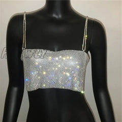 Summer Shiny Crystal Chain Tank Top Silver Metal Mesh Halter Metallic Strap Crop Tops Vest Party