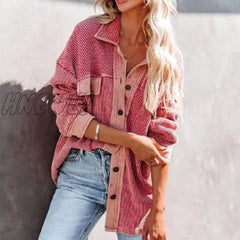 Turn Down Collar Women Long Sleeve Pink Tops Coat Casual Streetwear Button Jackets Female Loose