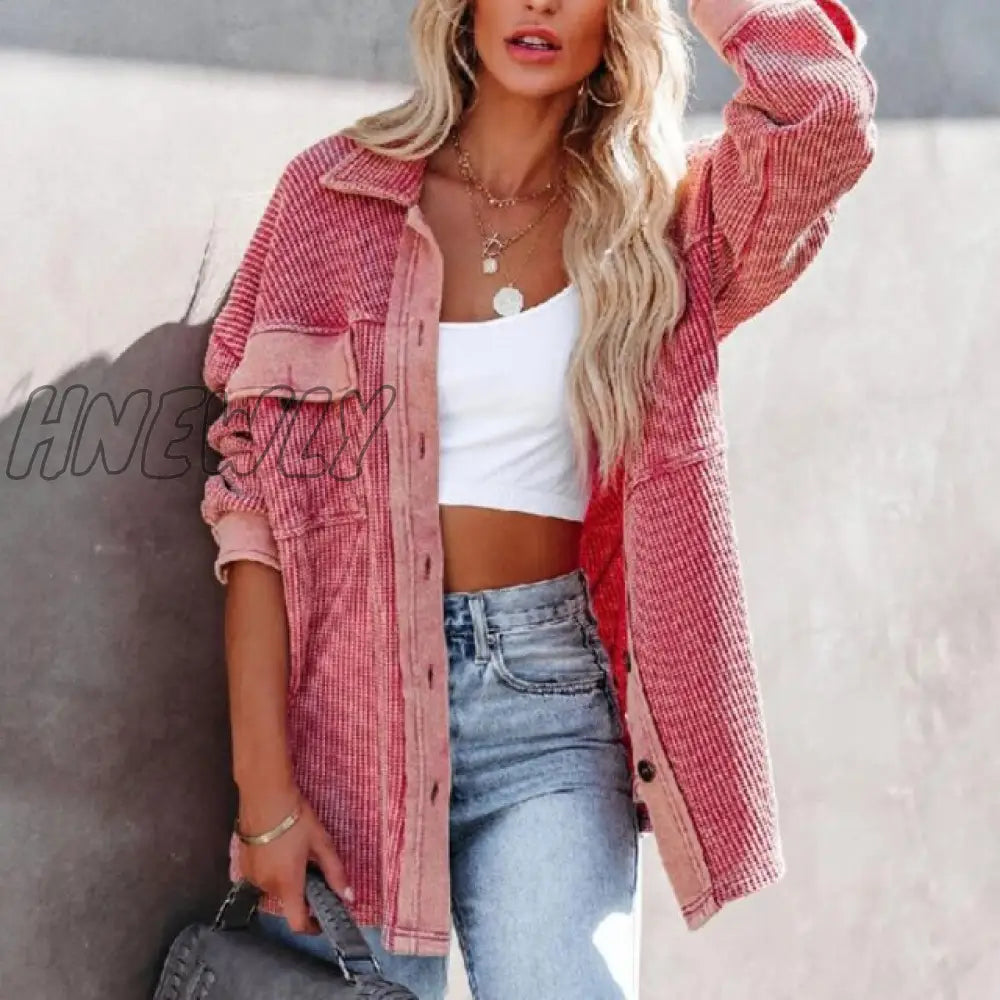 Turn Down Collar Women Long Sleeve Pink Tops Coat Casual Streetwear Button Jackets Female Loose