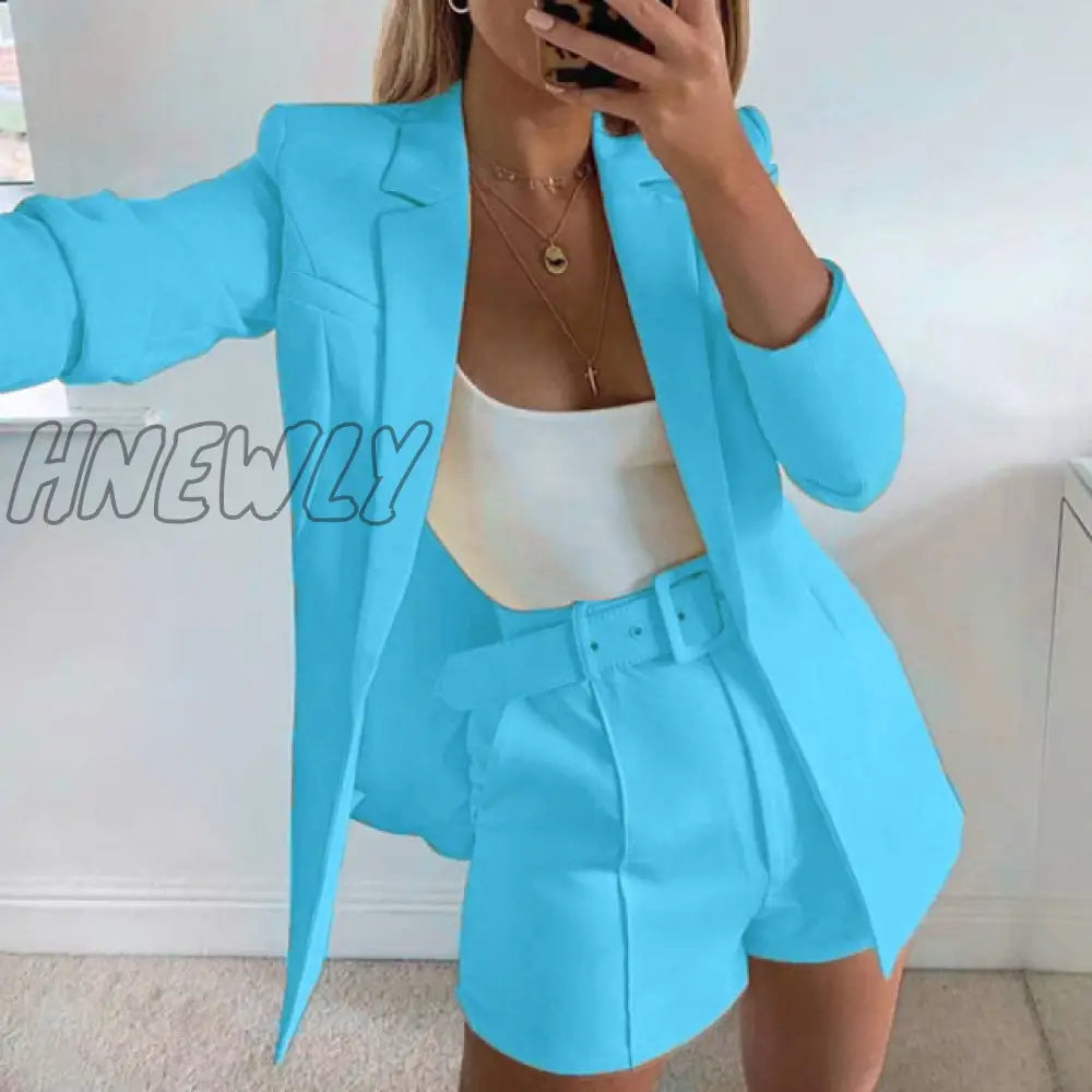 Two Piece Blazer Suit Women Office Sets Autumn Long Sleeve Cardigan Shorts Solid 2 Set Lady Casual