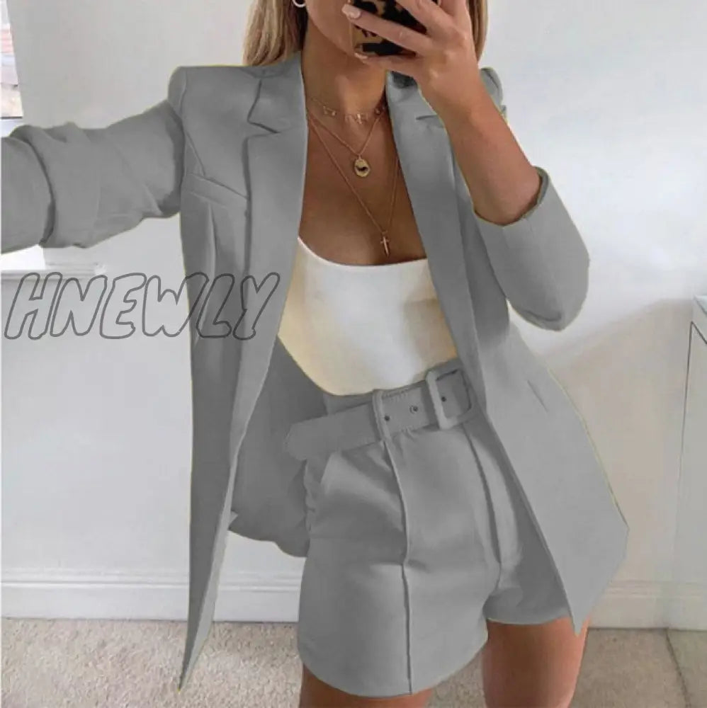 Two Piece Blazer Suit Women Office Sets Autumn Long Sleeve Cardigan Shorts Solid 2 Set Lady Casual