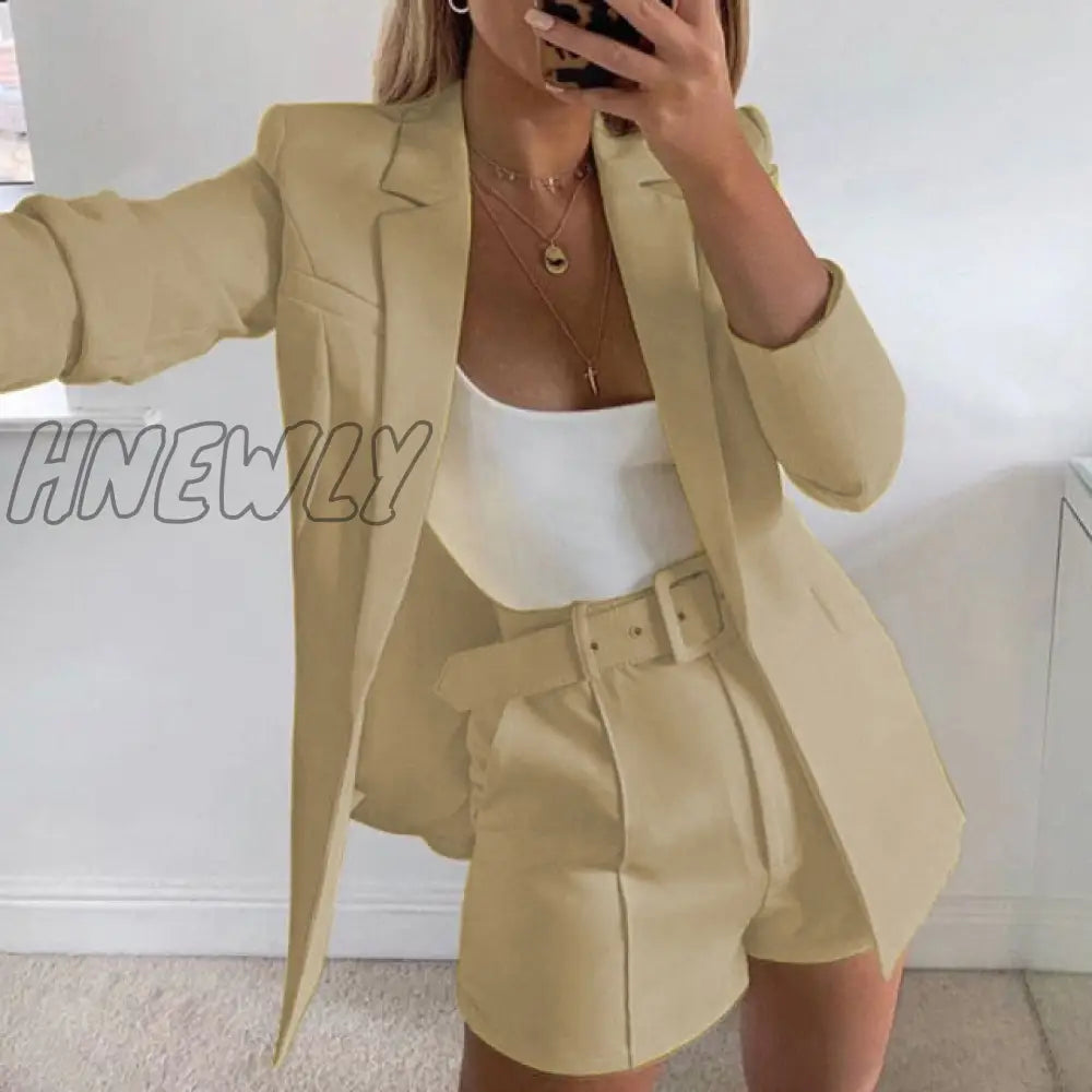 Two Piece Blazer Suit Women Office Sets Autumn Long Sleeve Cardigan Shorts Solid 2 Set Lady Casual