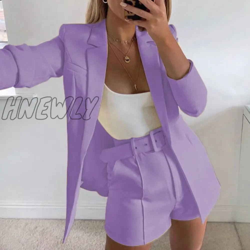 Two Piece Blazer Suit Women Office Sets Autumn Long Sleeve Cardigan Shorts Solid 2 Set Lady Casual