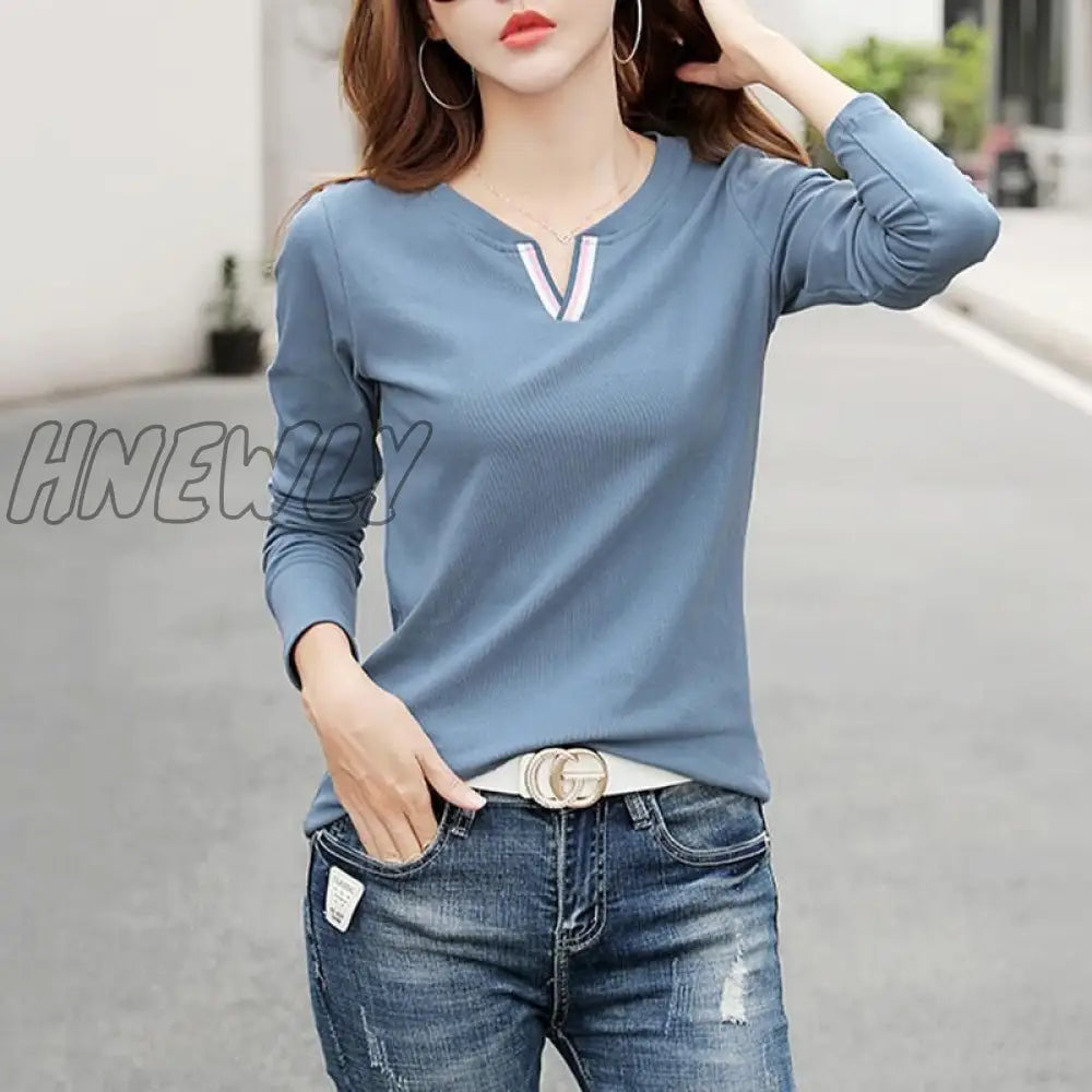 V Neck 100% Cotton T Shirt Woman Spring Fashion Long Sleeve Women’s T - Shirt Loose Korean Style